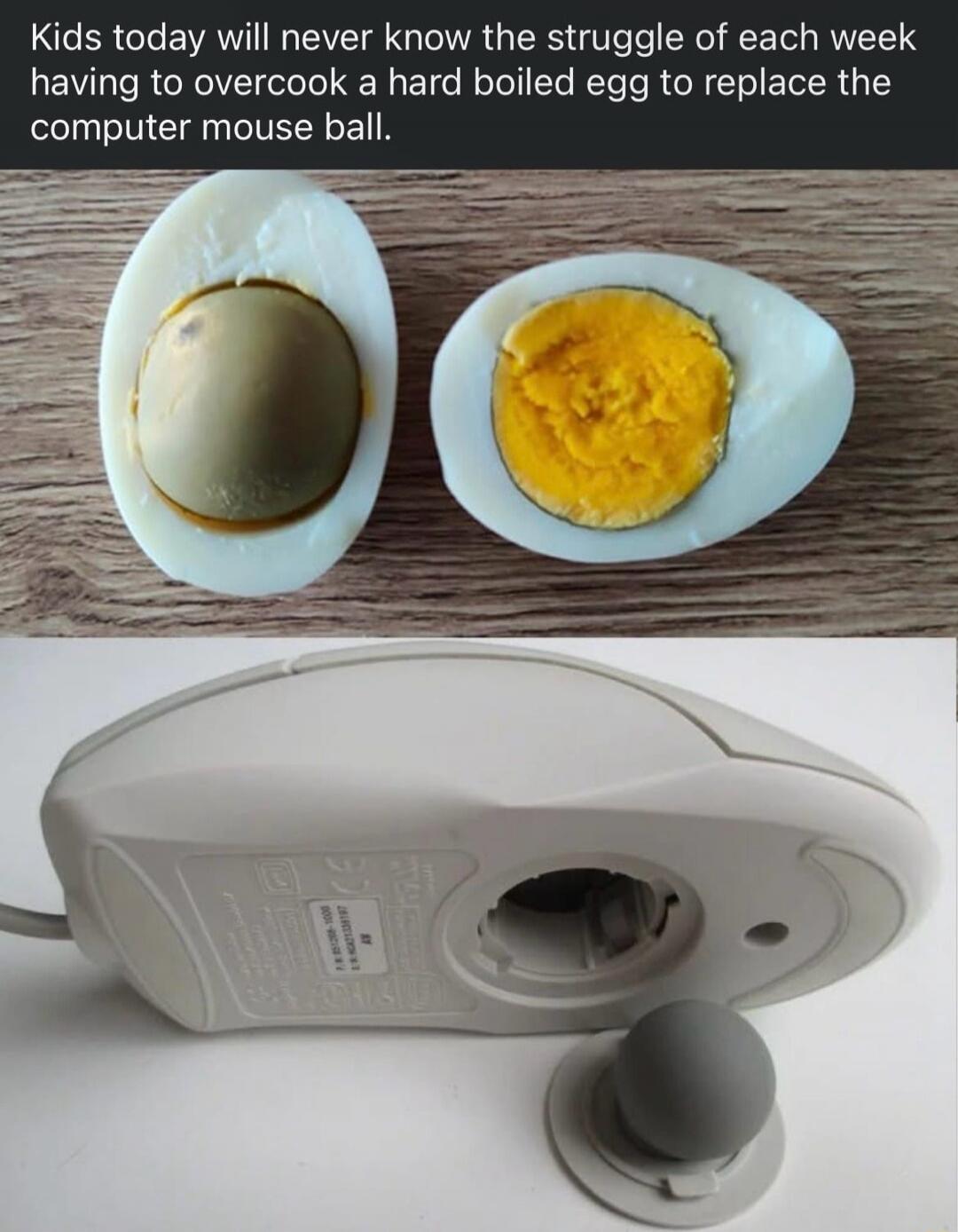 Kids today will never know the struggle of each week having to overcook a hard boiled egg to replace the computer mouse ball.