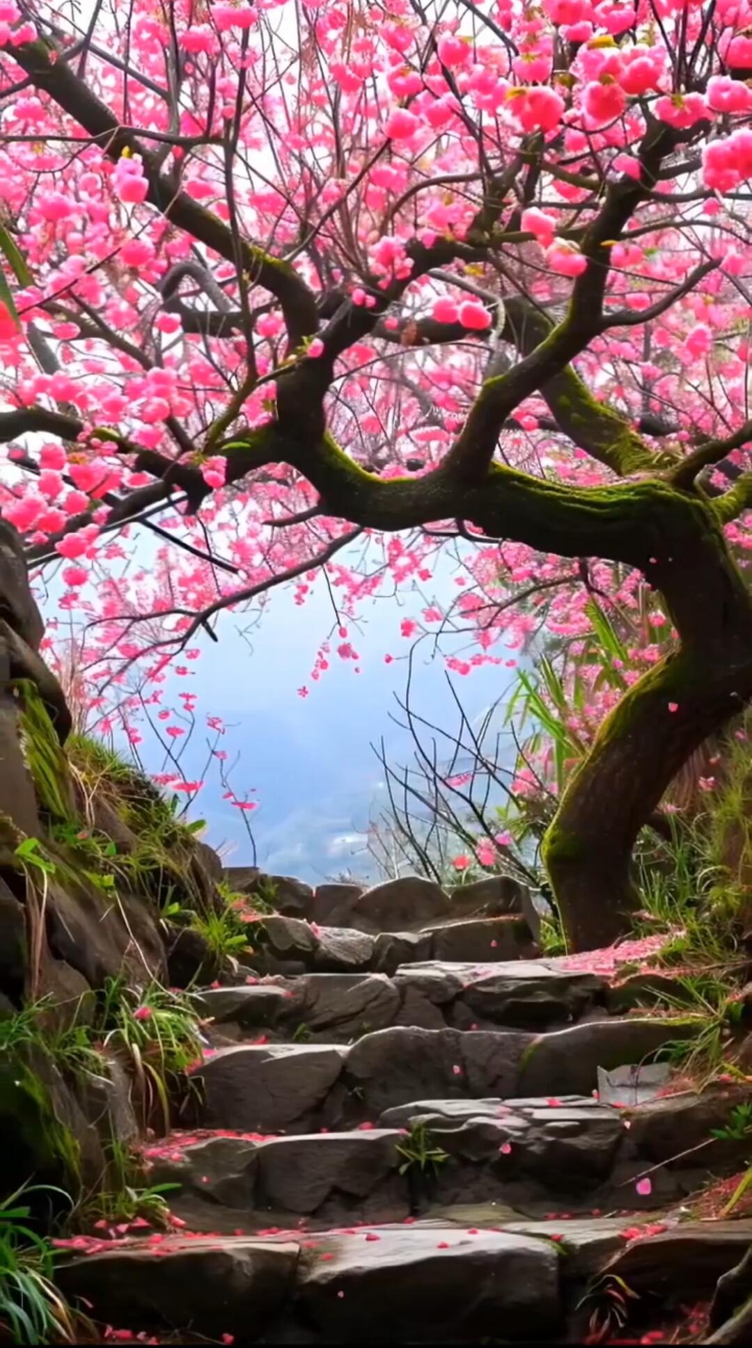 Stone path under blooming pink cherry blossoms
