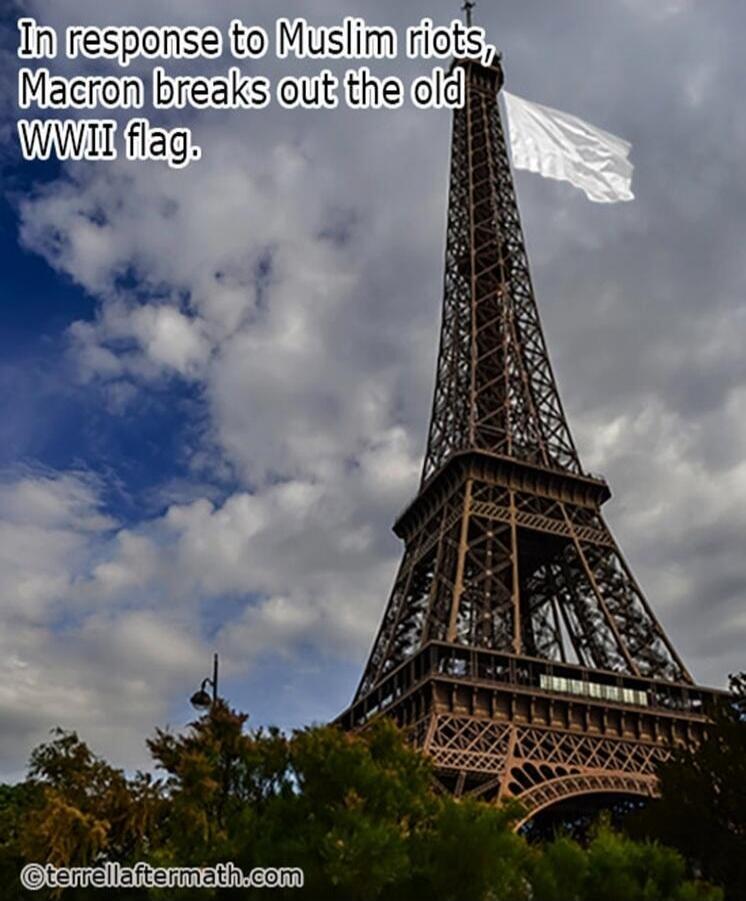 In response to Muslim riots, Macron breaks out the old WWII flag. @terrellaftermath.com