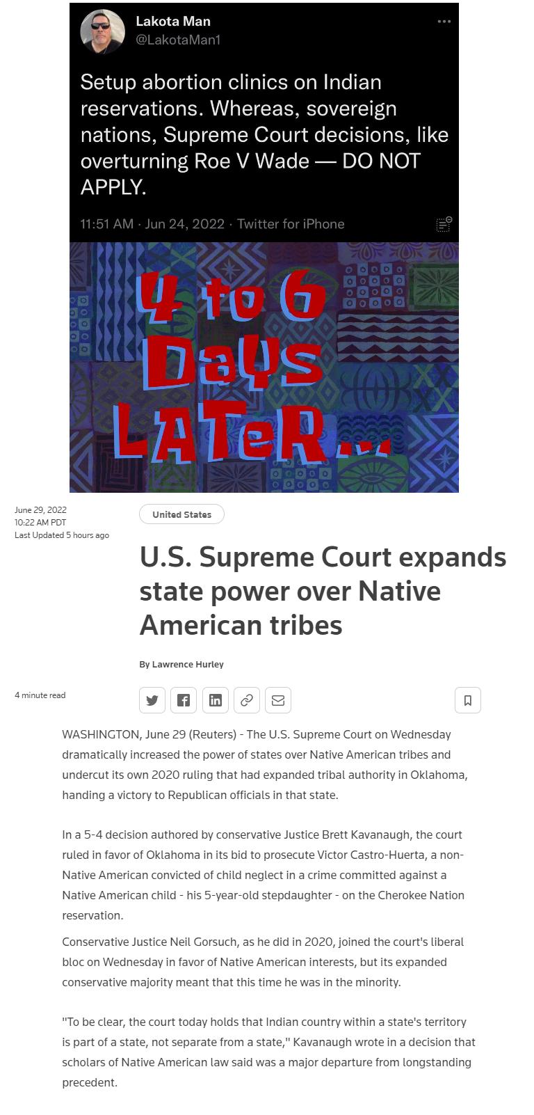 Lakota Man Setup abortion clinics on Indian reservations Whereas sovereign nations Supreme Court decisions like overturning Roe V Wade DO NOT APPLY U306 3l US Supreme Court expands state power over Native American tribes anding 3 ictory to Republican ficits in tn