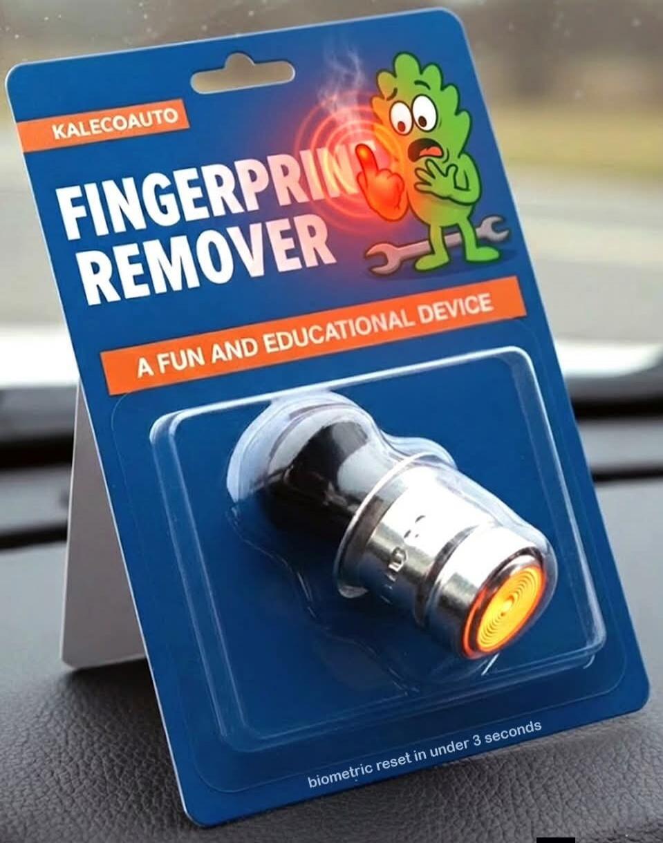 The image shows a product package for 'KALECOAUTO FINGERPRINT REMOVER', described as 'A FUN AND EDUCATIONAL DEVICE'. It features a cartoon character with a burning finger and a car cigarette lighter, implying its use for 'biometric reset in under 3 seconds'.