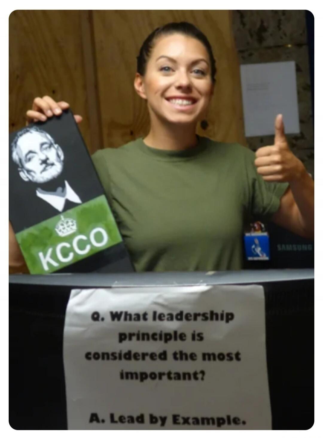 KCCO. Q. What leadership principle is considered the most important? A. Lead by Example. SAMSUNG.