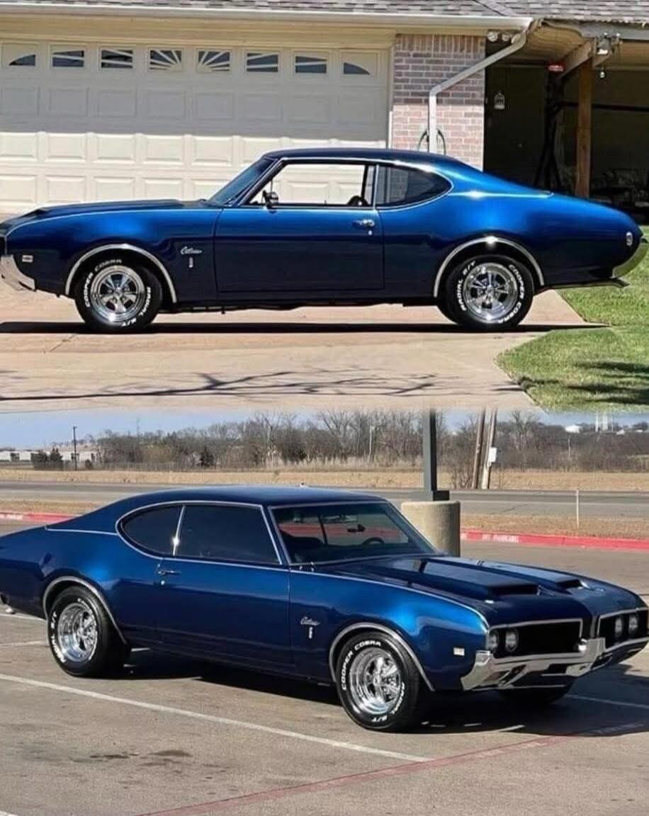 Blue Plymouth Barracuda muscle car.