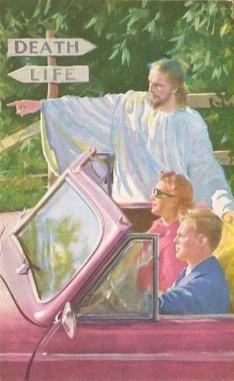 DEATH, LIFE. Jesus is pointing towards the sign that says 'LIFE'. A man and a woman are in a car.