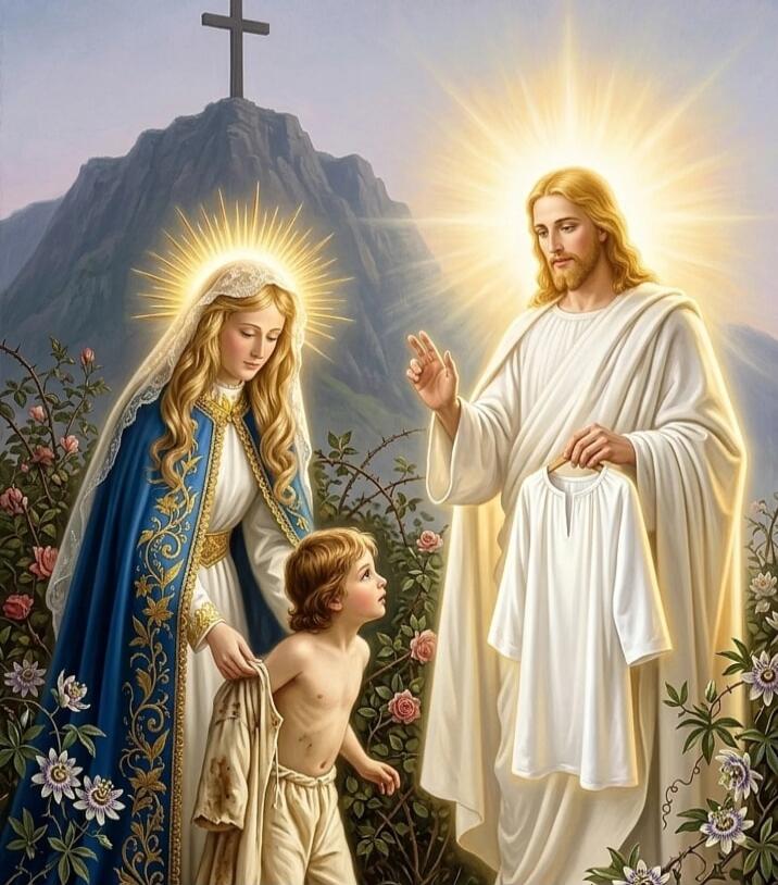 The image depicts a religious scene with Jesus, Mary, and a child. Jesus, radiating light, holds a white garment. Mary, in blue and gold, stands beside the child, who is looking up at Jesus. A cross is visible on a mountain in the background, and the foreground is adorned with flowers and thorny branches.