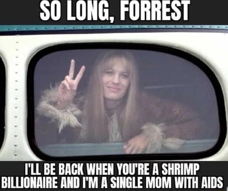 S0 LONG FORREST ILL BE BACK WHEN WIIHE A SHRIMP BILLIONAIRE AND IM A SINGLE MOM WITH AIDS