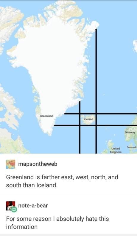 Greantand Unted Kingdom mapsontheweb Greenland is farther east west north and south than Iceland note a bear For some reason absolutely hate this information