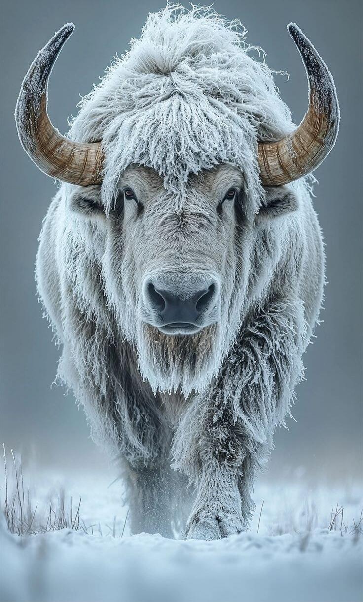 A musk ox standing in a snowy landscape with frosty fur and curved horns.