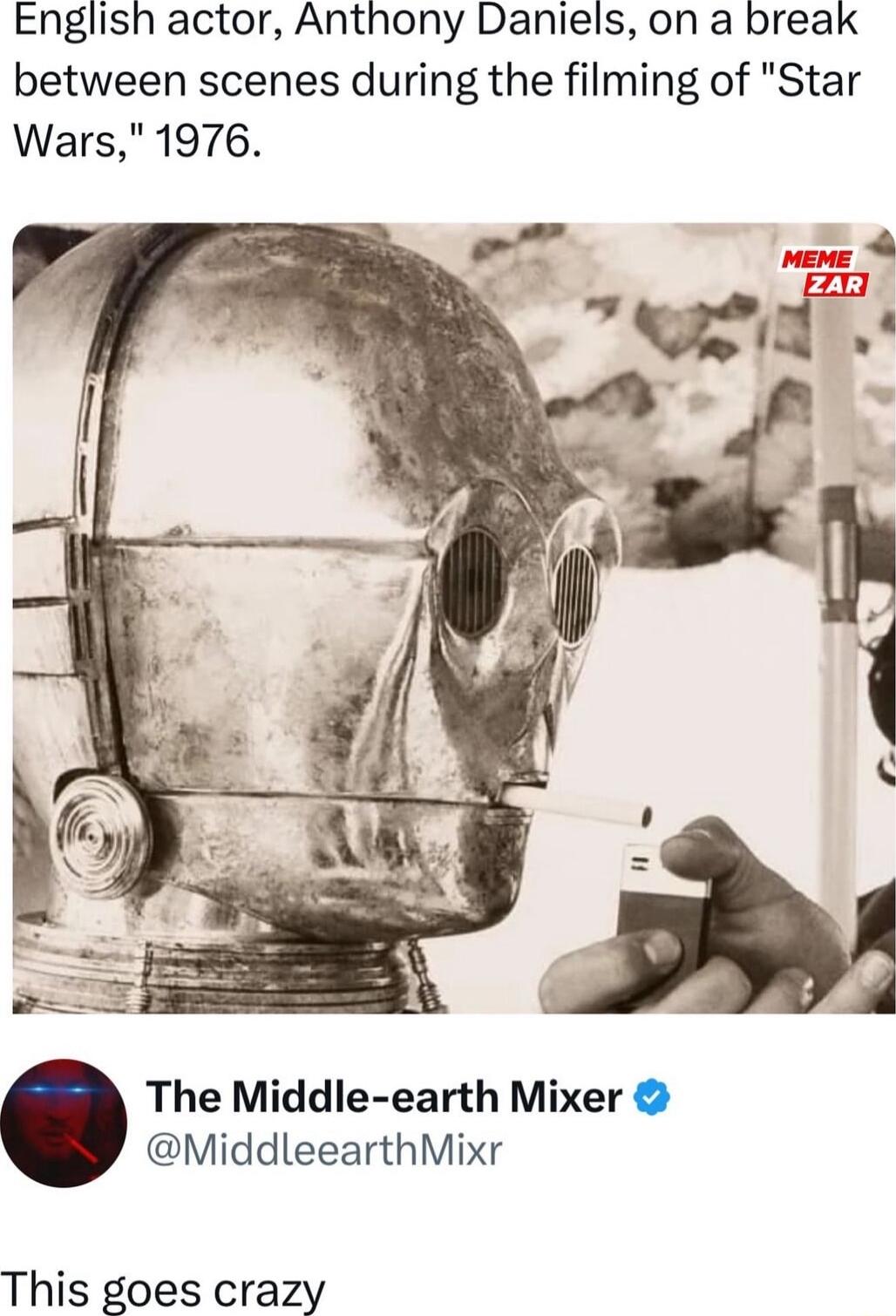 English actor Anthony Daniels on a break between scenes during the filming of Star Wars 1976 The Middle earth Mixer MiddleearthMixr This goes crazy