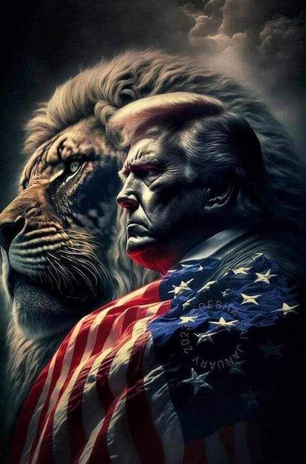 A dramatic portrait featuring Donald Trump in profile, with a lion's head beside him. An American flag is draped over Trump's shoulder. Faint text '2023 JANUARY' and 'SAI OESHA' are visible on the flag.