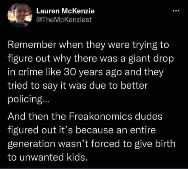 Lauren McKenzie G EI GRS Remember when they were trying to figure out why there was a giant drop in crime like 30 years ago and they tried to say it was due to better policing And then the Freakonomics dudes figured out its because an entire EENEIETIOTIREET W elolTe R e X7 Ro1lg 1 LCRVWETIT N NTe LN