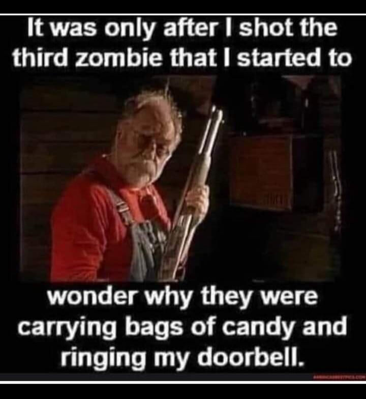 It was only after I shot the third zombie that I started to wonder why they were carrying bags of candy and ringing my doorbell.
