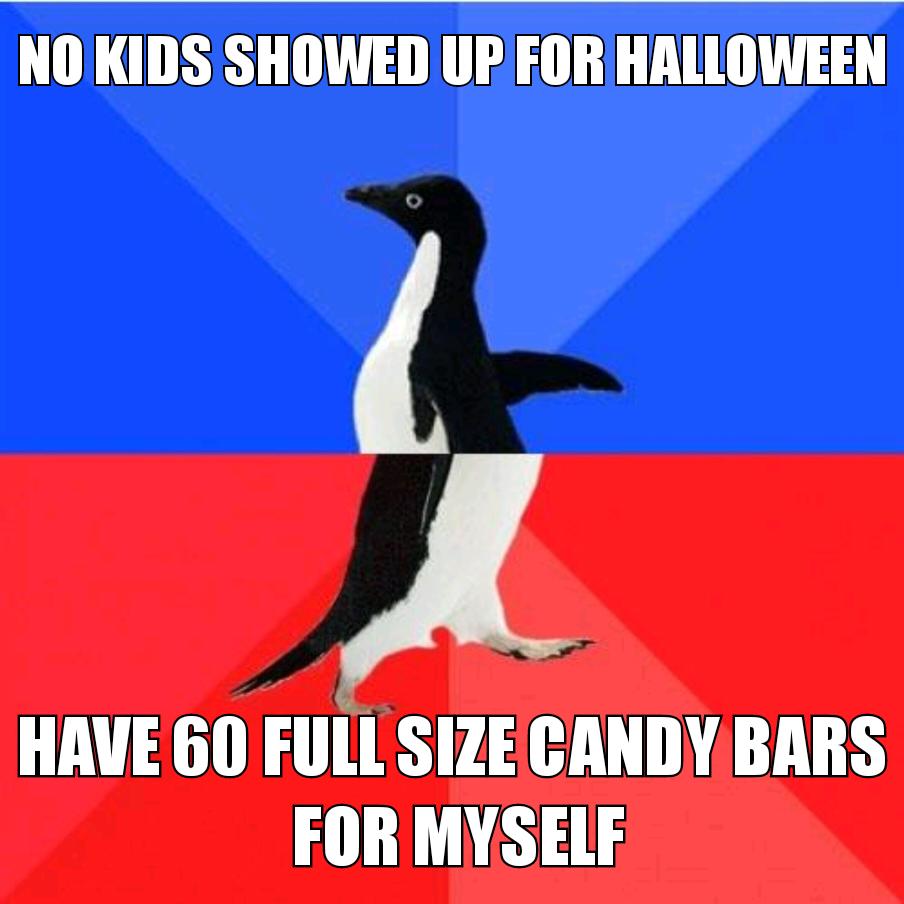 NOKIDS SHOWED UP FOR HALLOWEEN A HAVE 60 FULL SIZECANDYBARS FOR MYSELF