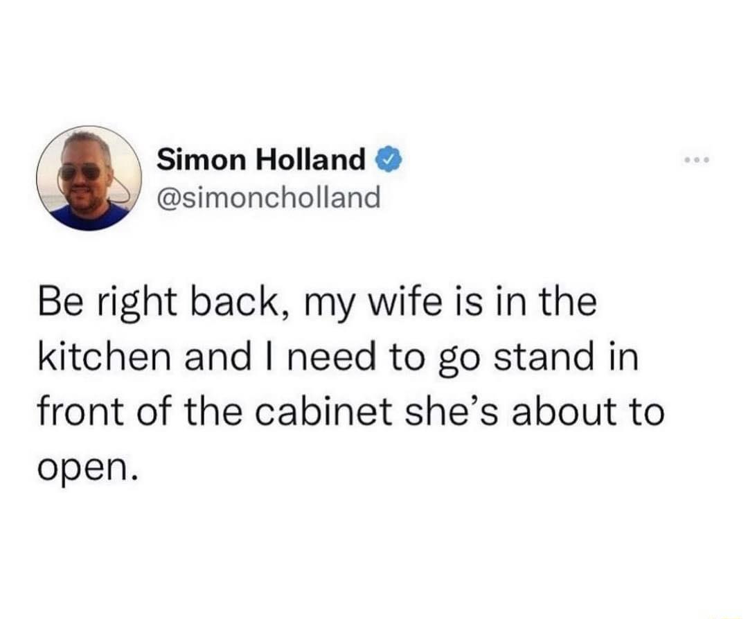 Simon Holland A simoncholland Be right back my wife is in the kitchen and need to go stand in front of the cabinet shes about to open