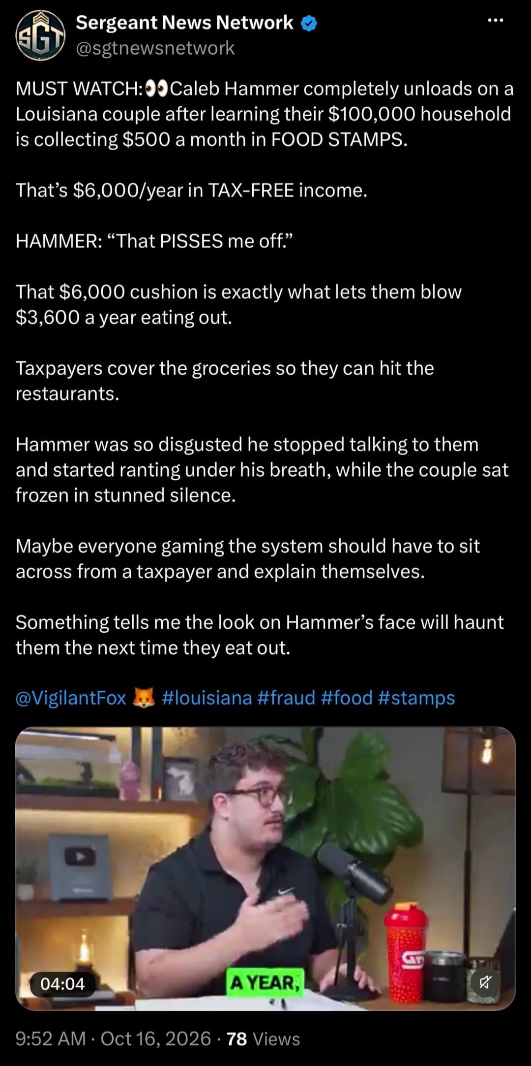 MUST WATCH: Caleb Hammer completely unloads on a Louisiana couple after learning their $100,000 household is collecting $500 a month in FOOD STAMPS. That's $6,000 a year in TAX-FREE income. HAMMER: 