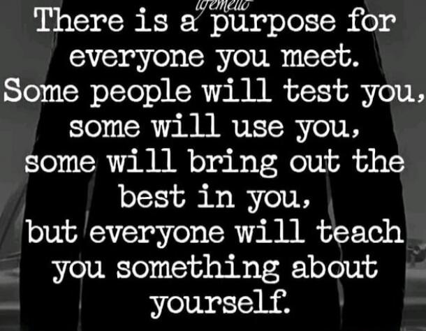 There is a purpose for everyone you meet. Some people will test you, some will use you, some will bring out the best in you, but everyone will teach you something about yourself.