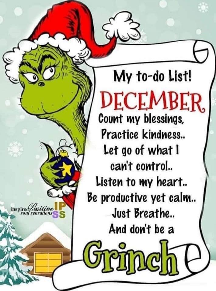 My to-do List!
DECEMBER
Count my blessings.
Practice kindness..
Let go of what I can't control..
Listen to my heart..
Be productive yet calm..
Just Breathe..
And don't be a Grinch