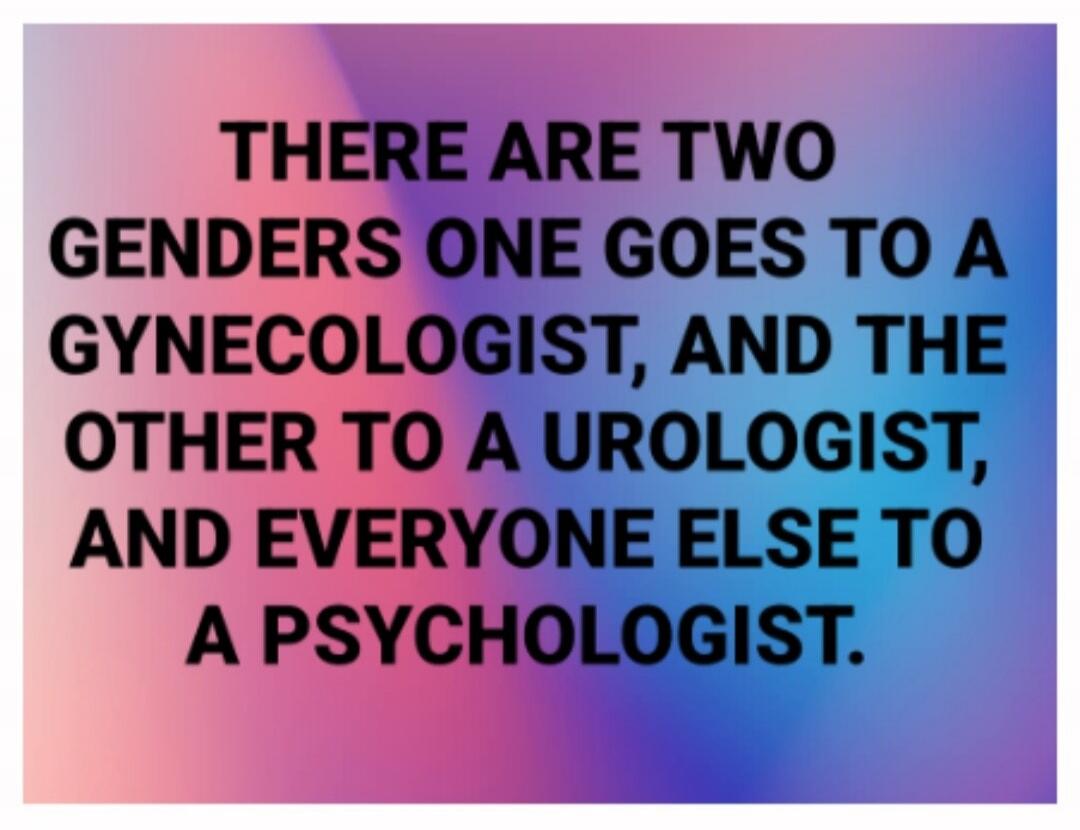 THERE ARE TWO GENDERS ONE GOES TO A GYNECOLOGIST, AND THE OTHER TO A UROLOGIST, AND EVERYONE ELSE TO A PSYCHOLOGIST.