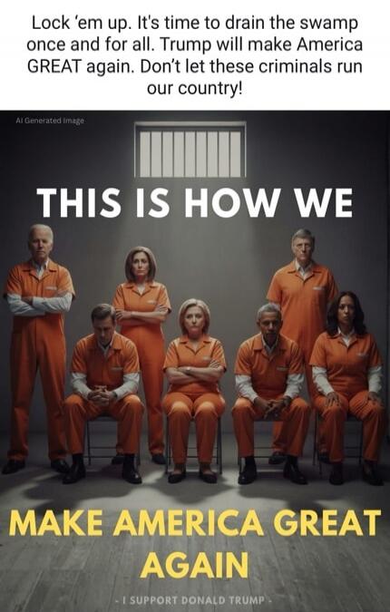 Lock 'em up. It's time to drain the swamp Once and for all. Trump will make America GREAT again. Don't let these criminals run our country! THIS IS HOW WE MAKE AMERICA GREAT AGAIN - I SUPPORT DONALD TRUMP