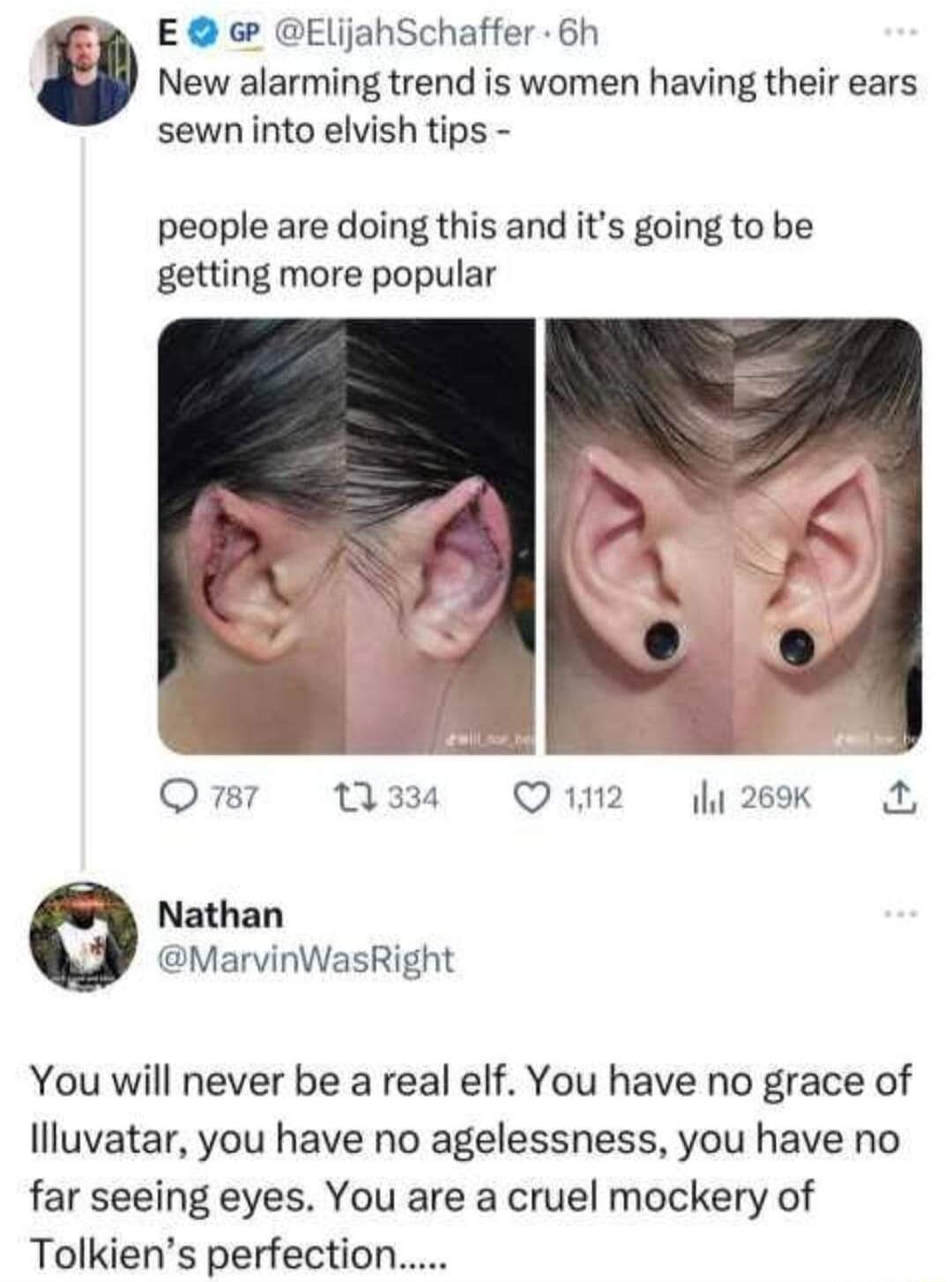 E ElijahSchaffer 6h New alarming trend is women having their ears sewn into elvish tips people are doing this and its going to be getting more popular Q 87 334 Q12 il 269K Nathan MarvinWasRight You will never be a real elf You have no grace of llluvatar you have no agelessness you have no far seeing eyes You are a cruel mockery of Tolkiens perfection