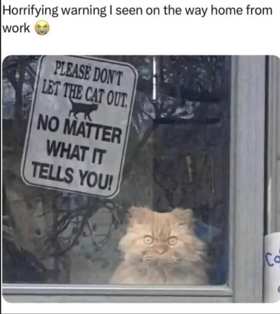 Horrifying warning I seen on the way home from work 😭 PLEASE DON'T LET THE CAT OUT. NO MATTER WHAT IT TELLS YOU!