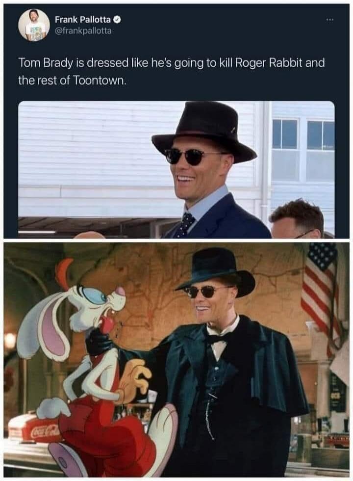 Frank Pallotta @frankpallotta Tom Brady is dressed like he's going to kill Roger Rabbit and the rest of Toontown. A meme showing Tom Brady in a suit, fedora, and sunglasses, with a photoshopped image of him holding Roger Rabbit by the throat.