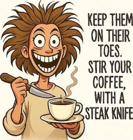 KEEP THEM ON THEIR TOES. STIR YOUR COFFEE, WITH A STEAK KNIFE
