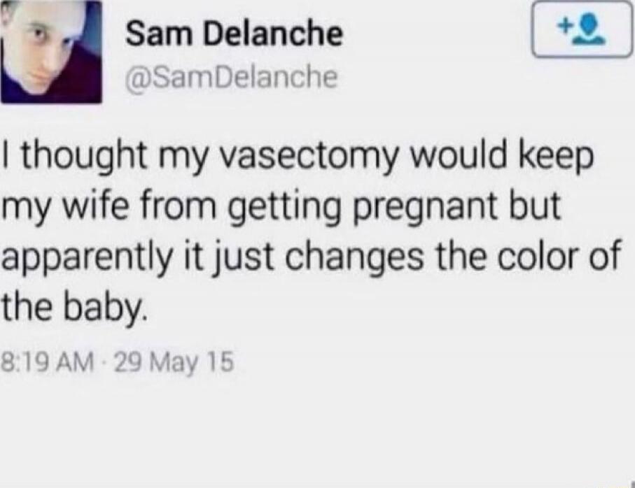 I thought my vasectomy would keep my wife from getting pregnant but apparently it just changes the color of the baby.