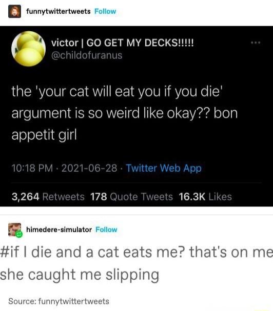 victor | GO GET MY DECKS!!!!! @childofuranus the 'your cat will eat you if you die' argument is so weird like okay?? bon appetit girl. #if I die and a cat eats me? that's on me she caught me slipping.