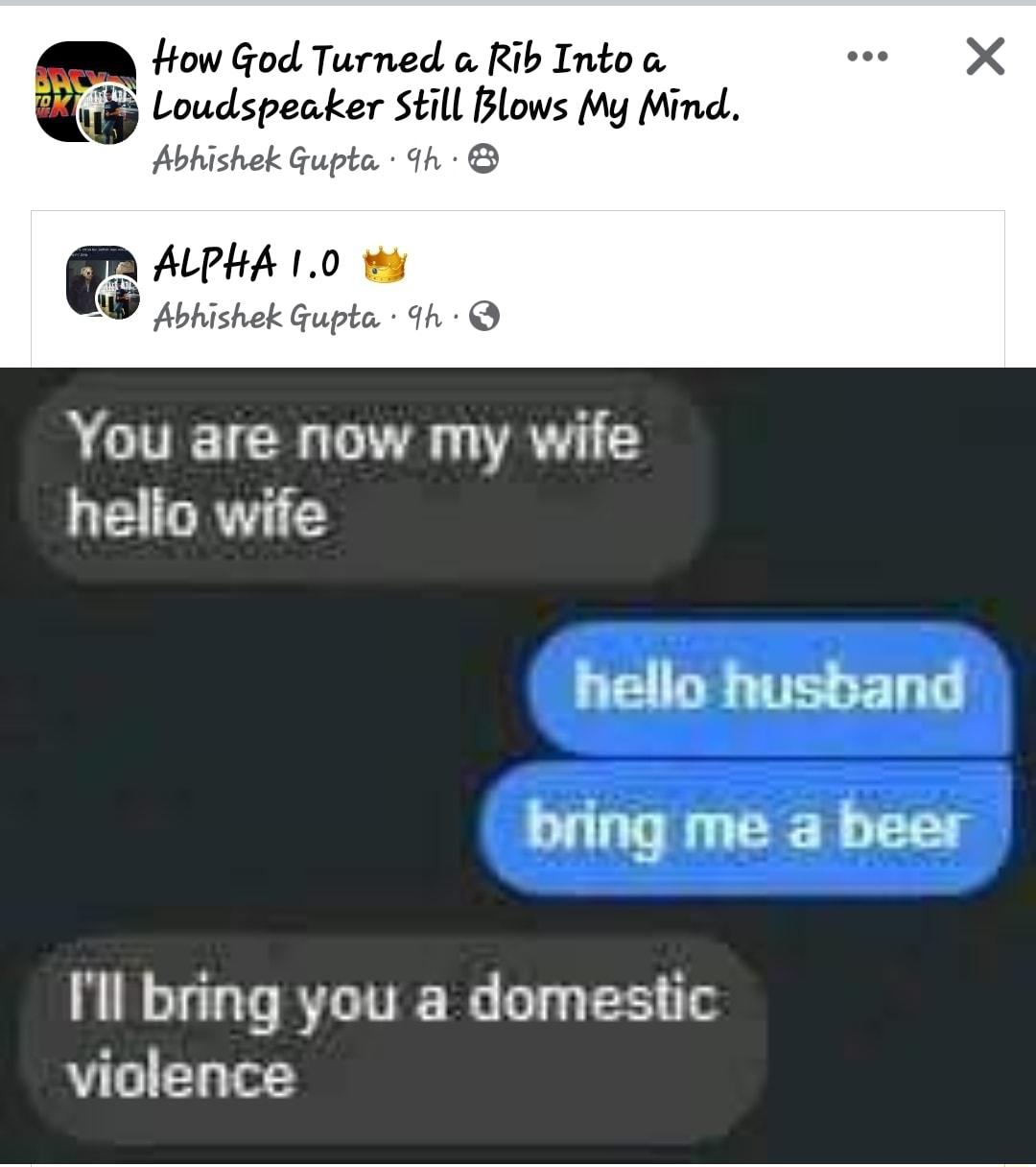 How God Turned o Rib Intoa Loudspeaker still Blows y find ALMA 10 Abhishek Gupta 9h You are now my wife helio wife hello husband bring me a beer Ill bring you a domestic violence