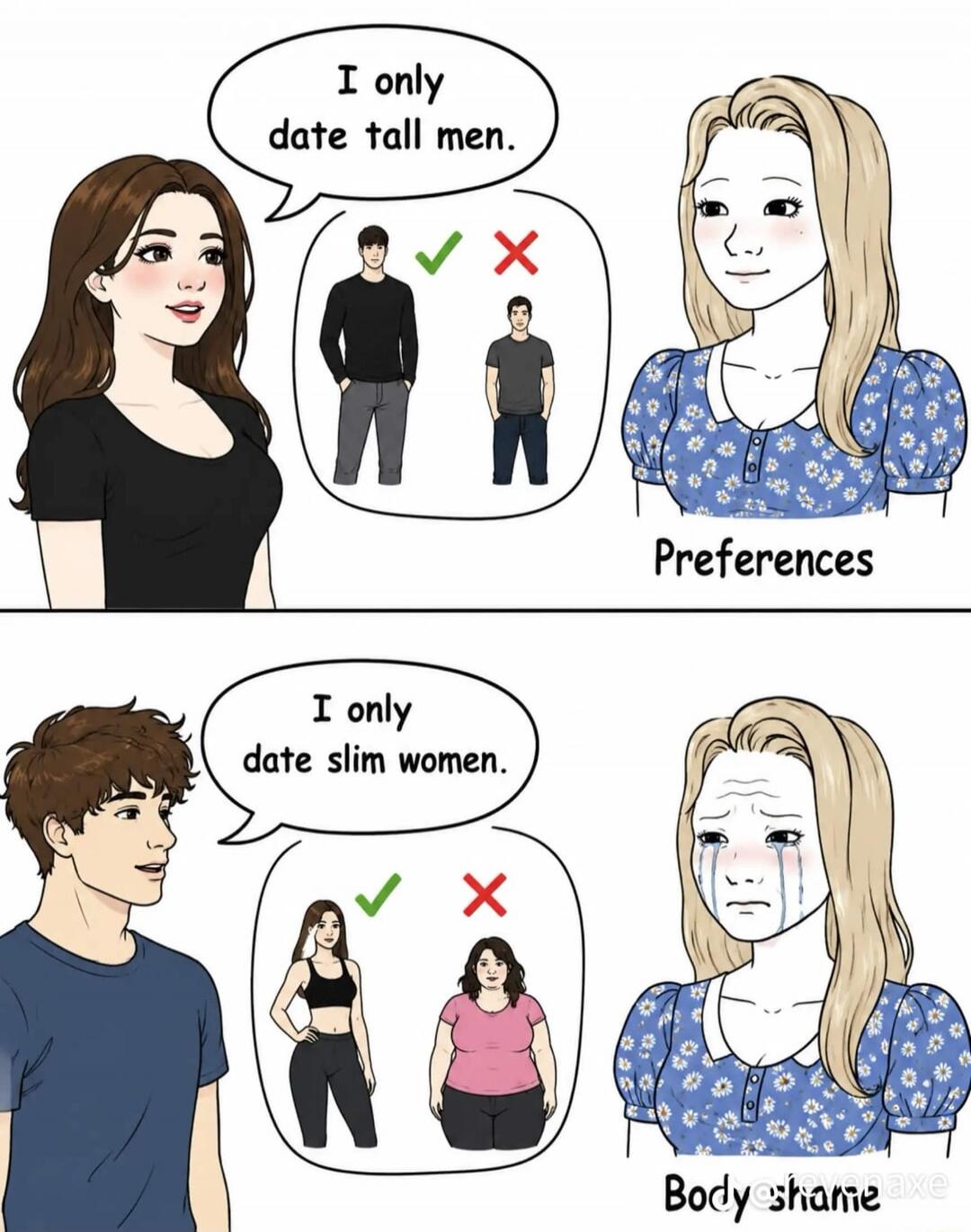 I only date tall men. Preferences. I only date slim women. Body shame.