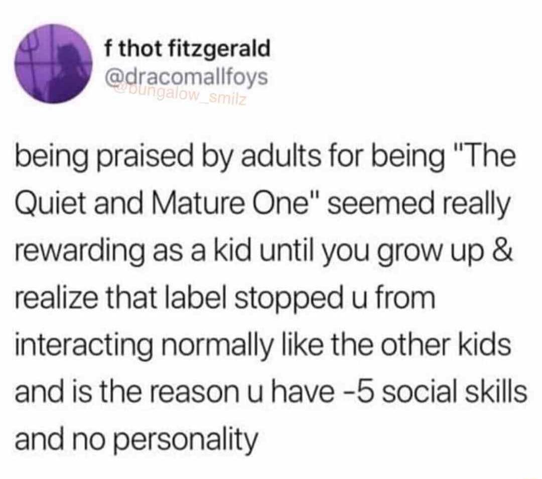 f thot fitzgerald dracomallfoys being praised by adults for being The Quiet and Mature One seemed really rewarding as a kid until you grow up realize that label stopped u from interacting normally like the other kids and is the reason u have 5 social skills and no personality
