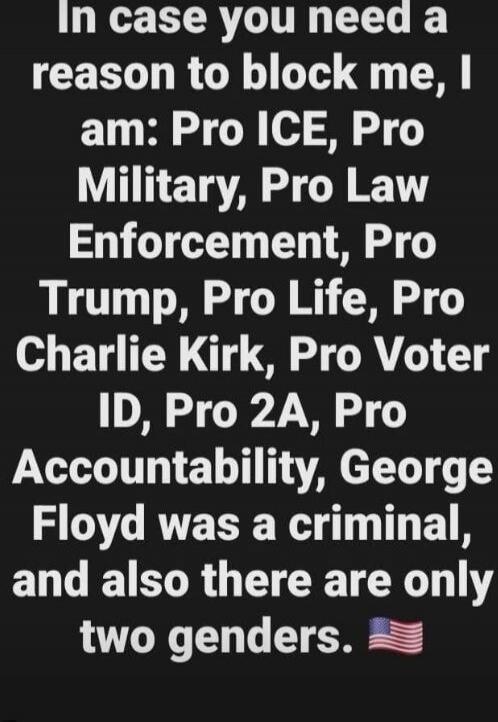 In case you need a reason to block me, I am: Pro ICE, Pro Military, Pro Law Enforcement, Pro Trump, Pro Life, Pro Charlie Kirk, Pro Voter ID, Pro 2A, Pro Accountability, George Floyd was a criminal, and also there are only two genders. 🇺🇸