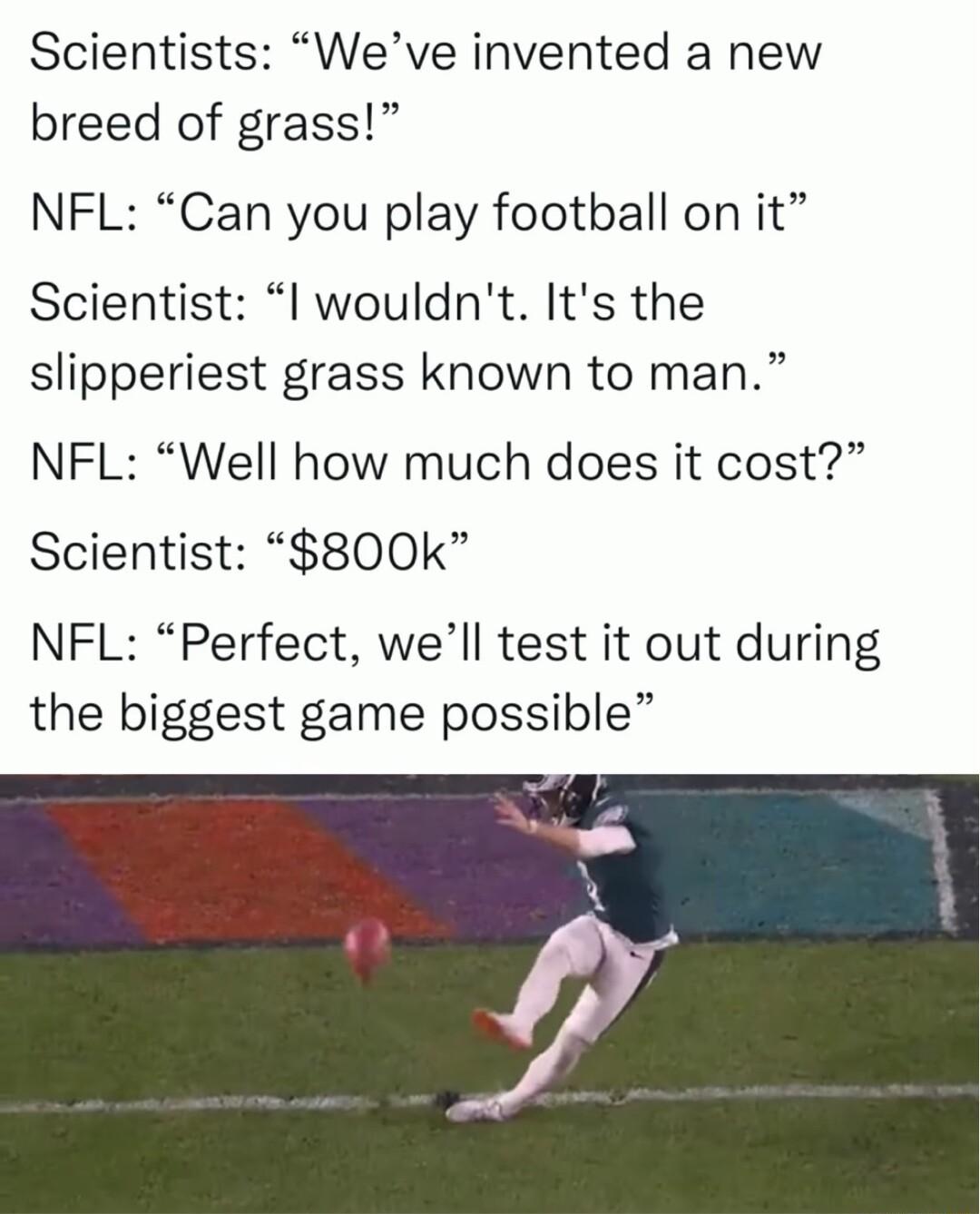 Scientists Weve invented a new breed of grass NFL Can you play football on it Scientist l wouldnt Its the slipperiest grass known to man NFL Well how much does it cost Scientist 800k NFL Perfect well test it out during the biggest game possible