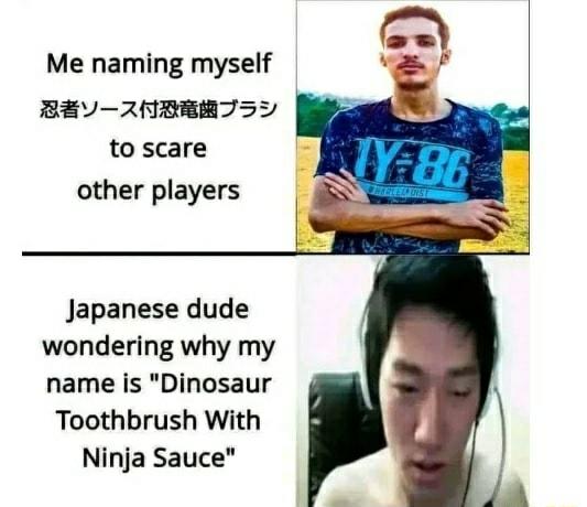 Me naming myself BEY NIDEWRTSY to scare other players Japanese dude wondering why my name is Dinosaur Toothbrush With Ninja Sauce