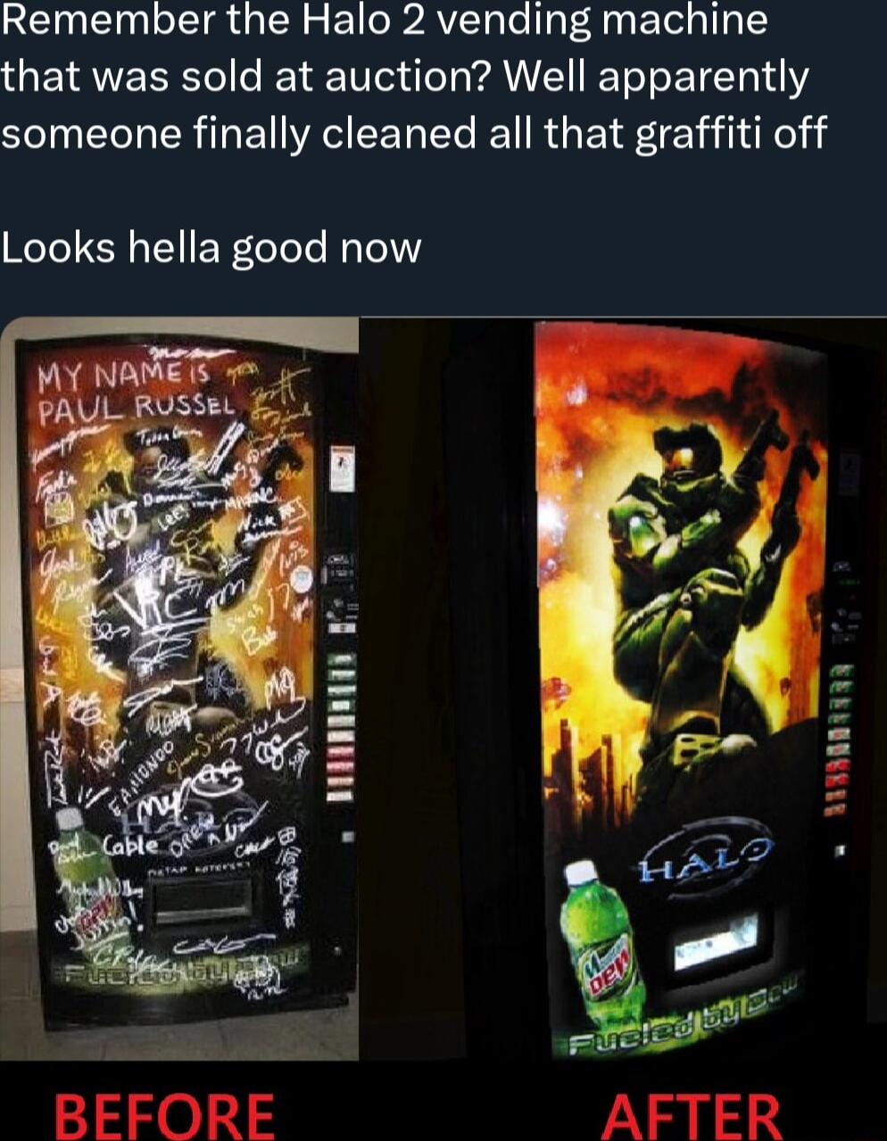 Remember the Halo 2 vending machine that was sold at auction Well apparently someone finally cleaned all that graffiti off Looks hella good now 35e1d AFTER NI