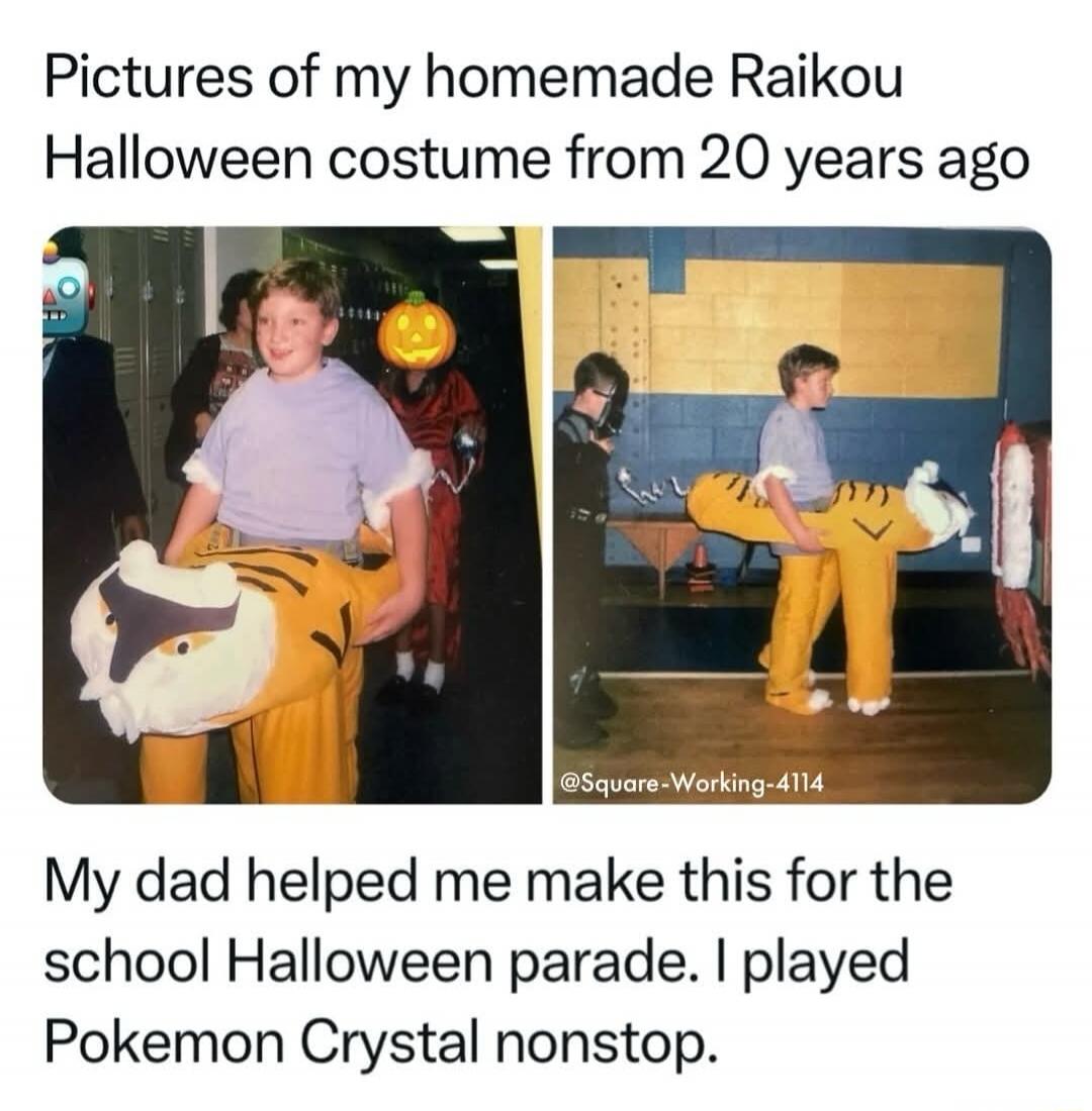 Pictures of my homemade Raikou Halloween costume from 20 years ago. My dad helped me make this for the school Halloween parade. I played Pokemon Crystal nonstop.