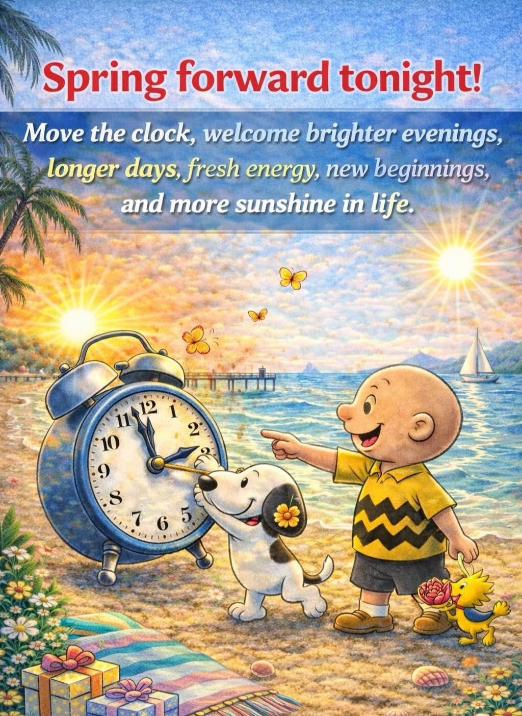 Spring forward tonight! Move the clock, welcome brighter evenings, longer days, fresh energy, new beginnings, and more sunshine in life.