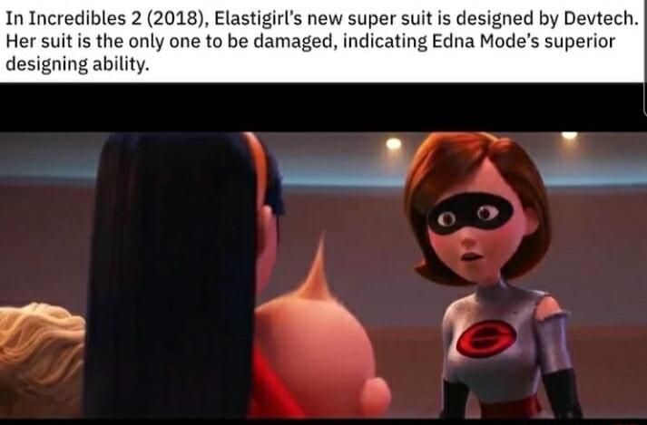 In Incredibles 2 2018 Elastigirls new super suit is designed by Devtech Her suitis the only one to be damaged indicating Edna Modes superior designing ability