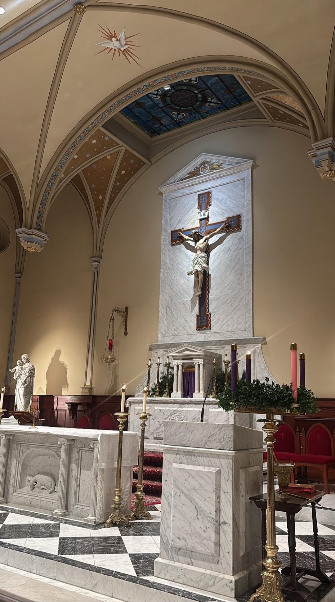 Interior of a church altar with crucifix.