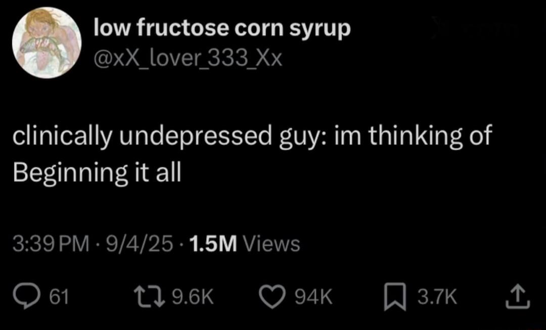 low fructose corn syrup @xX_lover_333_Xx clinically undepressed guy: im thinking of Beginning it all