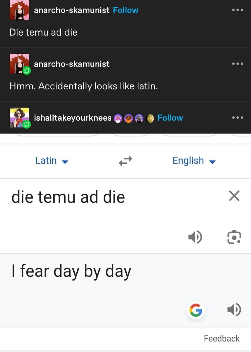 anarcho skamunist Die temu ad die E anarcho skamunist Hmm Accidentally looks like latin w ishalltakeyourknees Latin w oF die temu ad die fear day by day English o 0 Feedback