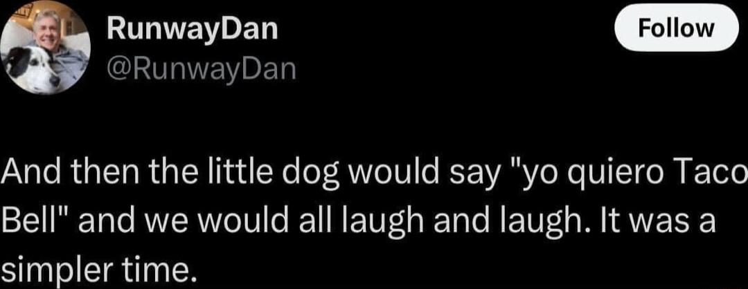 L NETHED w d RunwayDan And then the little dog would say yo quiero Taco Bell and we would all laugh and laugh It was a simpler time