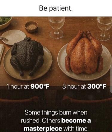 Be patient.
1 hour at 900°F
3 hour at 300°F
Some things burn when rushed. Others become a masterpiece with time.