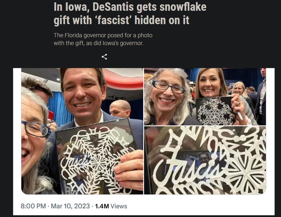 In lowa DeSantis gets snowflake gift with fascist hidden on it