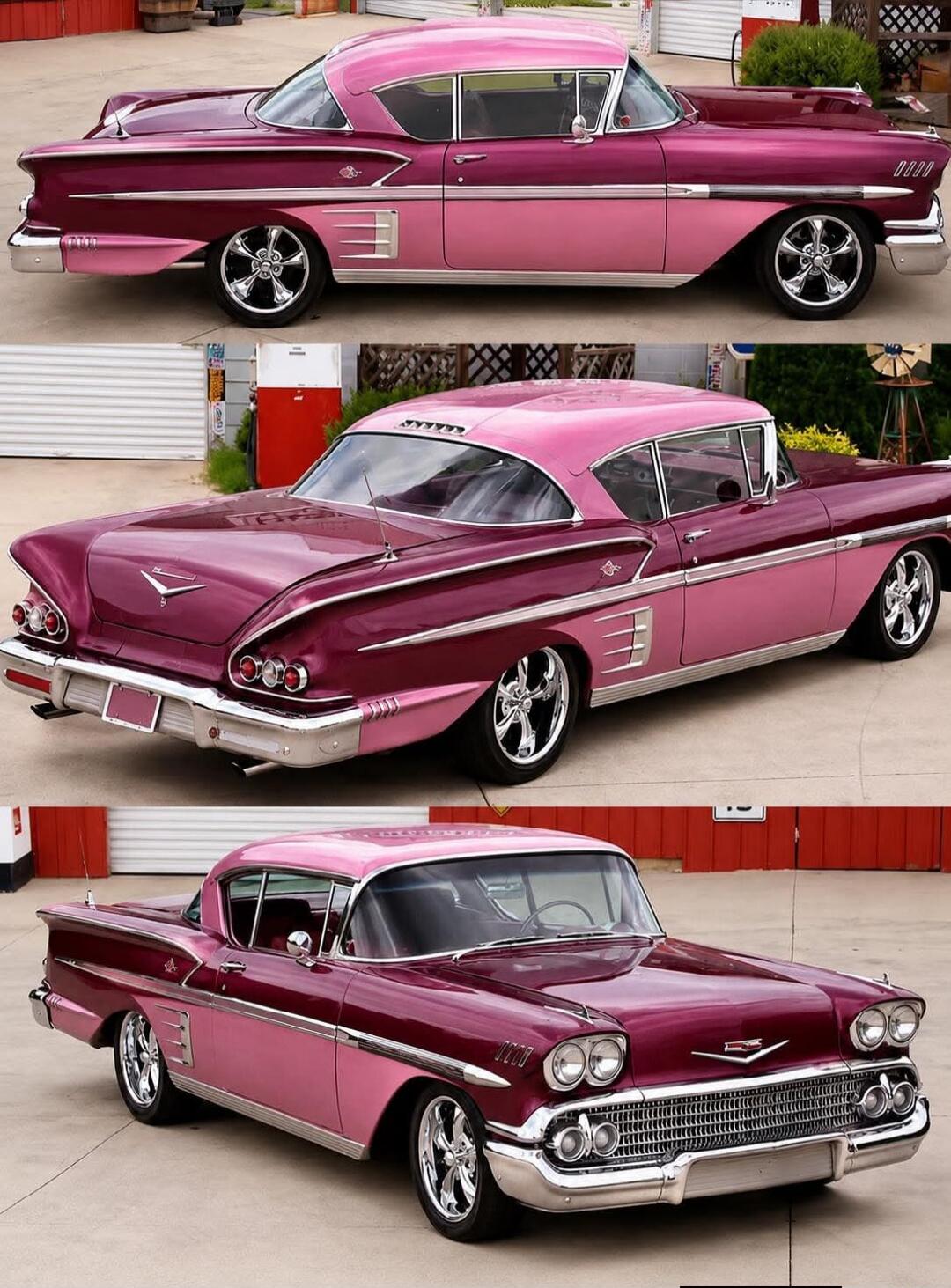 A classic two-tone pink and maroon car, possibly a Chevrolet Impala from the late 1950s, is shown from multiple angles. The car features chrome accents, custom wheels, and a distinctive tail fin design. It is parked outdoors on a paved surface.