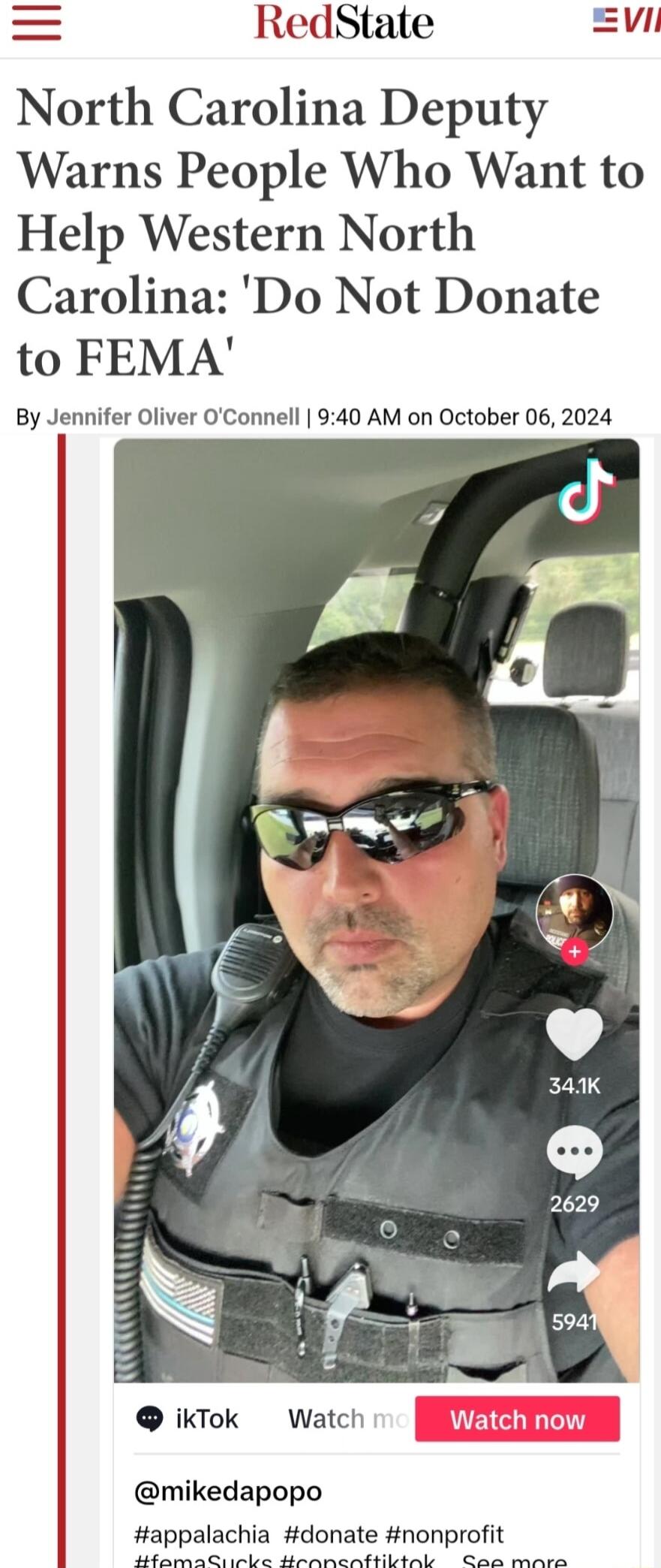 RedState V North Carolina Deputy Warns People Who Want to Help Western North Carolina Do Not Donate to FEMA By Jennifer Oliver OConnell 940 AM on October 06 2024 ikTok Watch mikedapopo appalachia donate nonprofit R R s b