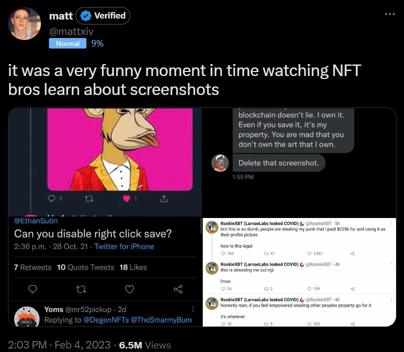 i o matt Verified it was a very funny moment in time watching NFT bros learn about screenshots progary Yo e ot you Can you disable right click save