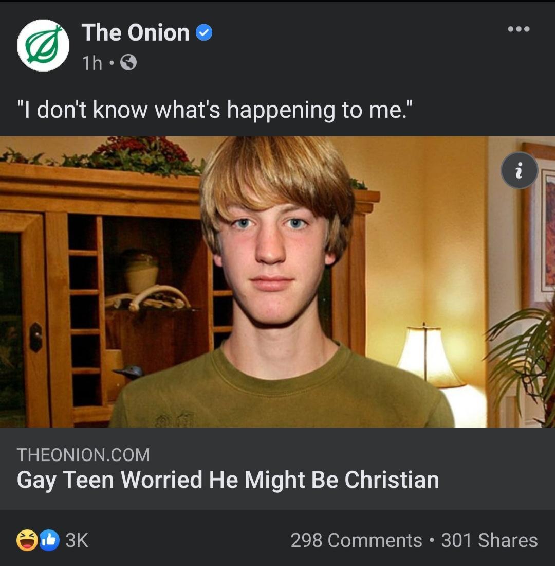 The Onion 1Th Q l dont know whats happening to me Irizlll i AL AR RN T b N N A THEONIONCOM Gay Teen Worried He Might Be Christian S 3K 298 Comments 301 Shares