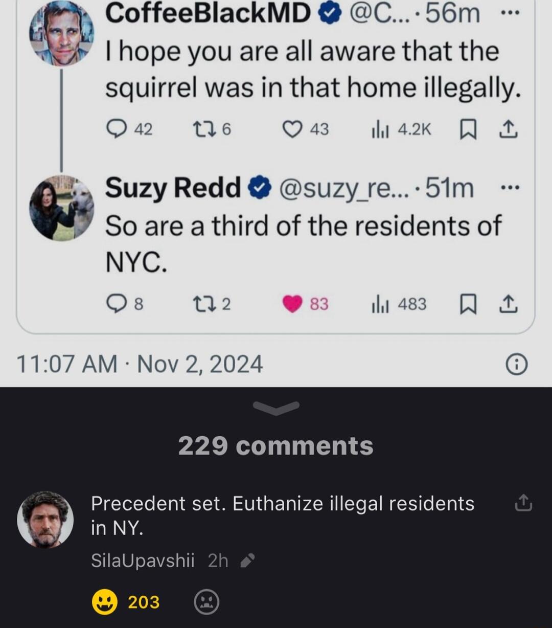 CoffeeBlackMD C 56m S I hope you are all aware that the squirrel was in that home illegally Qa s Qa3 lax Q i Suzy Redd suzy re 51m So are a third of the residents of NYC Qs 02 ass Q 1107 AM Nov 2 2024 229 comments T E T VG EL PR E IS RS hii